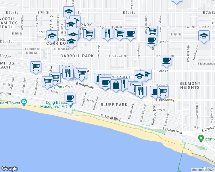 map of restaurants, bars, coffee shops, grocery stores, and more near 6 Colorado Place in Long Beach