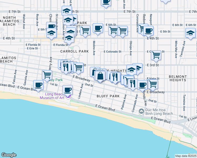 map of restaurants, bars, coffee shops, grocery stores, and more near 6 Colorado Place in Long Beach