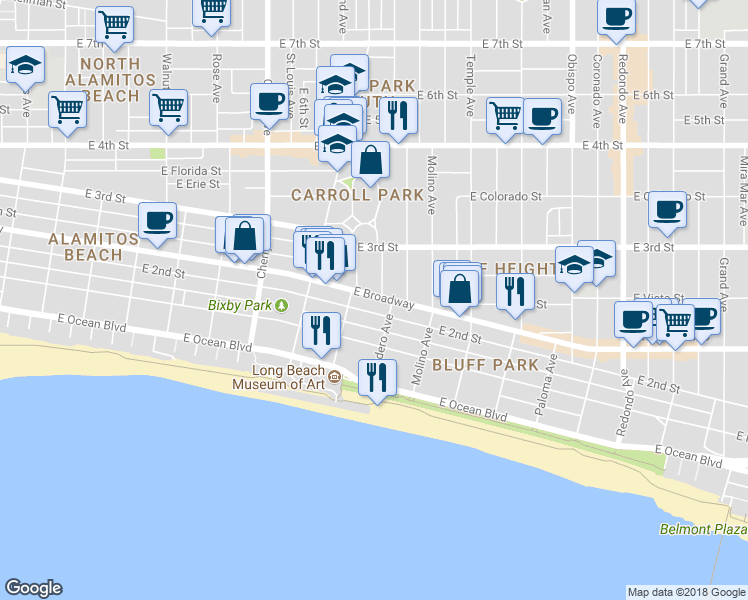map of restaurants, bars, coffee shops, grocery stores, and more near in Long Beach