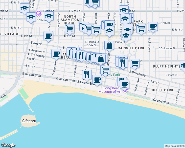 map of restaurants, bars, coffee shops, grocery stores, and more near in Long Beach