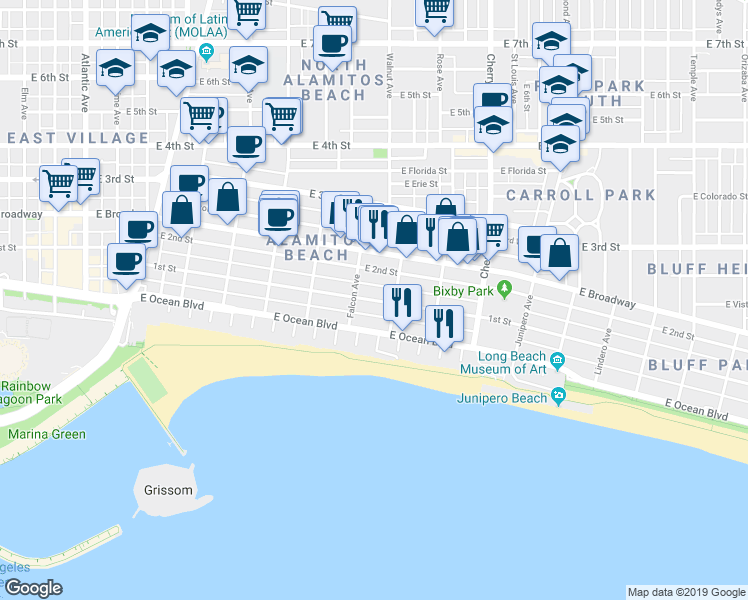 map of restaurants, bars, coffee shops, grocery stores, and more near 1521 East 1st Street in Long Beach