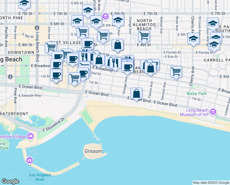 map of restaurants, bars, coffee shops, grocery stores, and more near 28 Cerritos Avenue in Long Beach