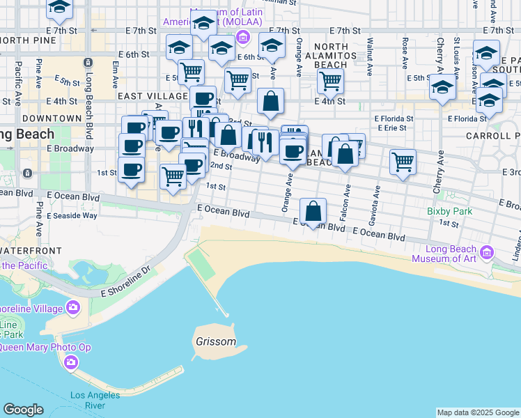 map of restaurants, bars, coffee shops, grocery stores, and more near 1101 East Ocean Boulevard in Long Beach
