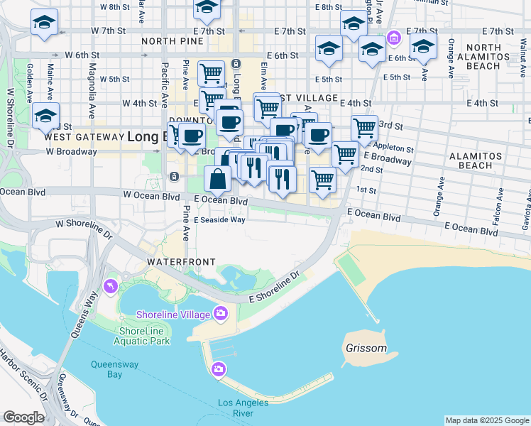 map of restaurants, bars, coffee shops, grocery stores, and more near 388 East Ocean Boulevard in Long Beach