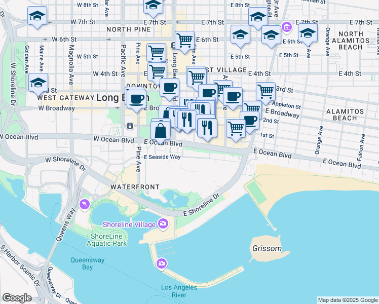 map of restaurants, bars, coffee shops, grocery stores, and more near 388 West Ocean Boulevard in Long Beach