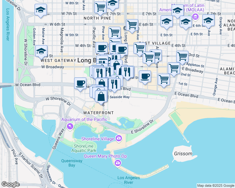 map of restaurants, bars, coffee shops, grocery stores, and more near 40 South Locust Avenue in Long Beach