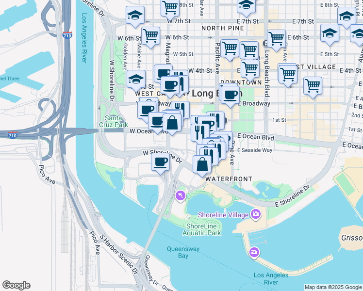 map of restaurants, bars, coffee shops, grocery stores, and more near 442 West Ocean Boulevard in Long Beach