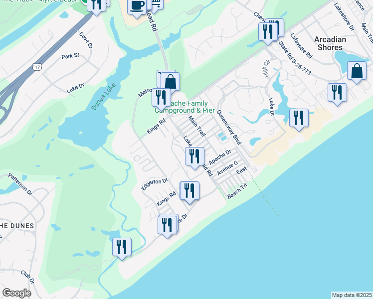 map of restaurants, bars, coffee shops, grocery stores, and more near 584 Apache Drive in Myrtle Beach