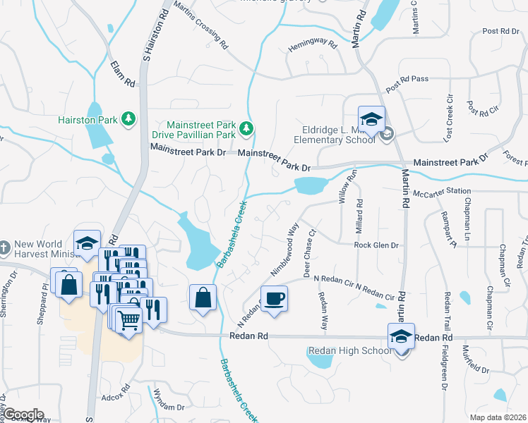 map of restaurants, bars, coffee shops, grocery stores, and more near 4915 Wind Cove Court in Stone Mountain