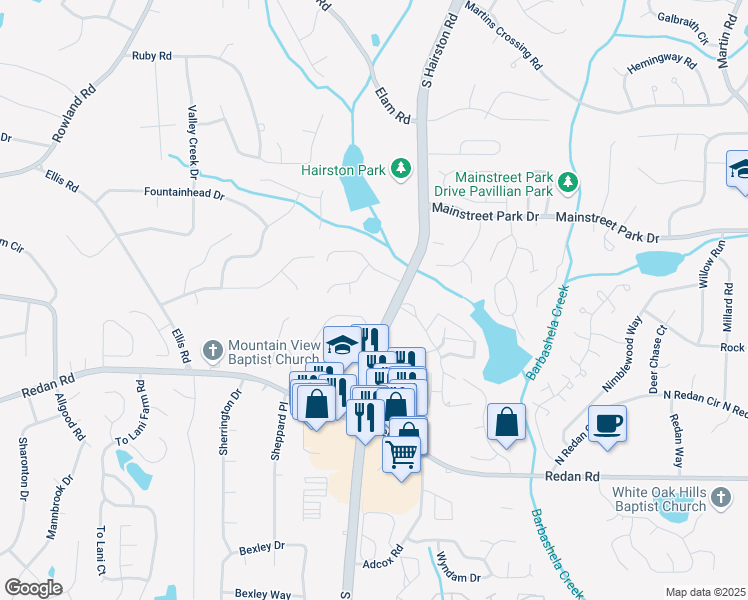 map of restaurants, bars, coffee shops, grocery stores, and more near 1041 South Hairston Road in Stone Mountain
