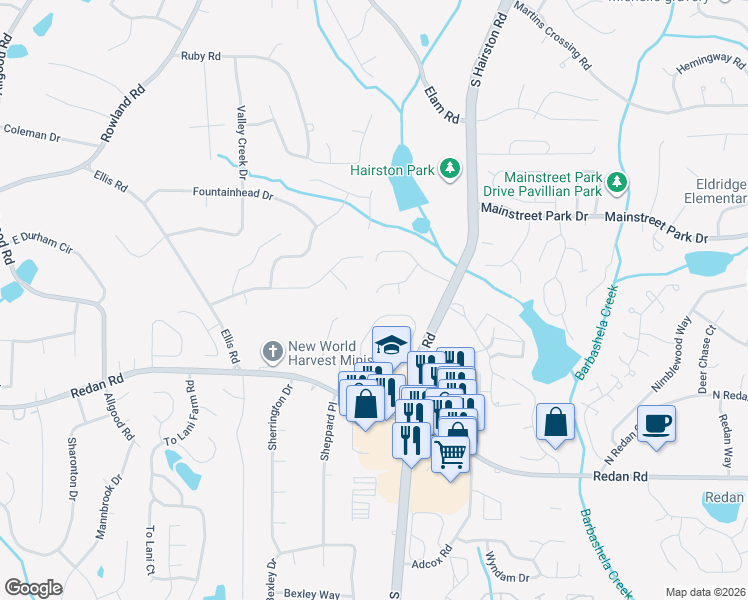 map of restaurants, bars, coffee shops, grocery stores, and more near 1004 Romer Place in Stone Mountain
