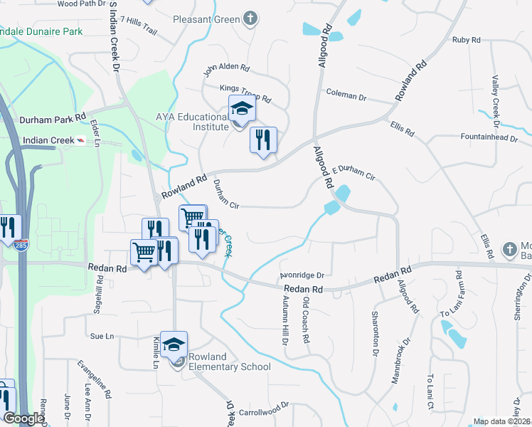 map of restaurants, bars, coffee shops, grocery stores, and more near 4201 Durham Circle in Stone Mountain