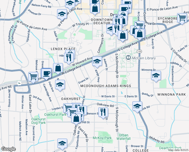 map of restaurants, bars, coffee shops, grocery stores, and more near 153 Kings Highway in Decatur