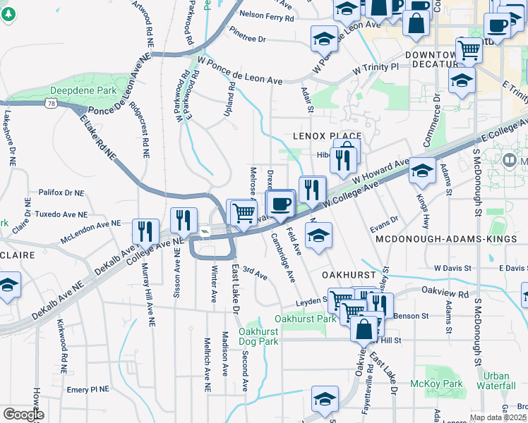 map of restaurants, bars, coffee shops, grocery stores, and more near 106b Drexel Avenue in Decatur