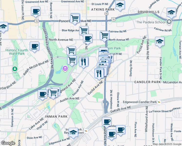 map of restaurants, bars, coffee shops, grocery stores, and more near 463 Sinclair Avenue Northeast in Atlanta