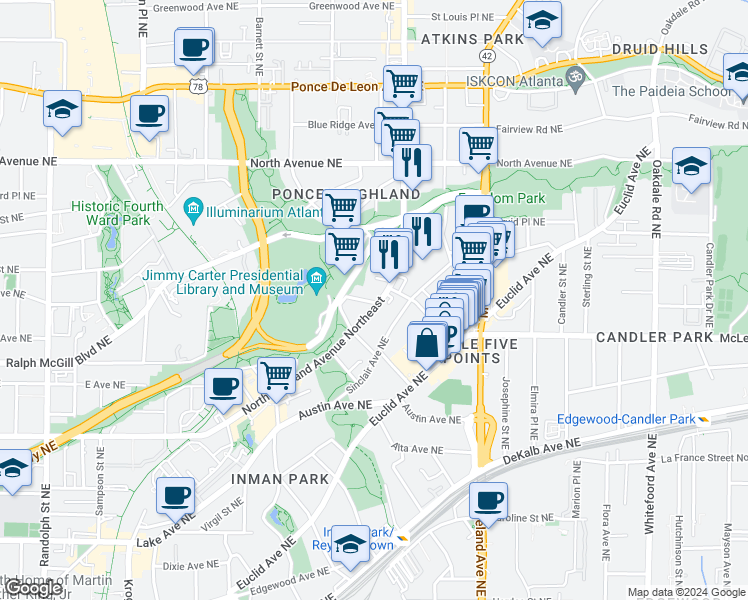 map of restaurants, bars, coffee shops, grocery stores, and more near 1018 Albion Avenue Northeast in Atlanta