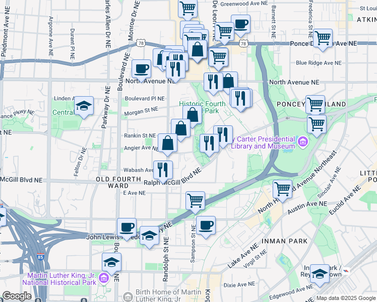 map of restaurants, bars, coffee shops, grocery stores, and more near 652 Angier Ave NE in Atlanta