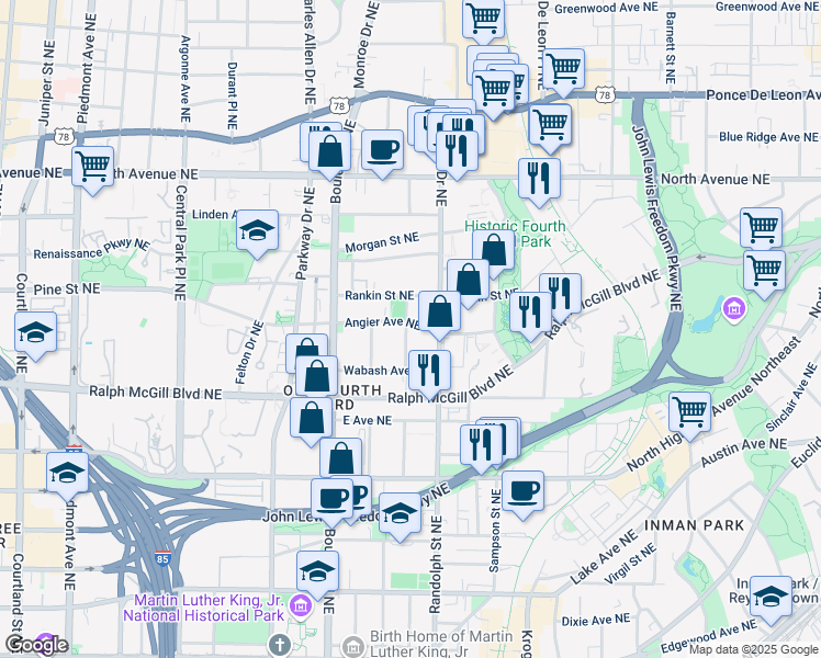 map of restaurants, bars, coffee shops, grocery stores, and more near 447 Arnold Street Northeast in Atlanta