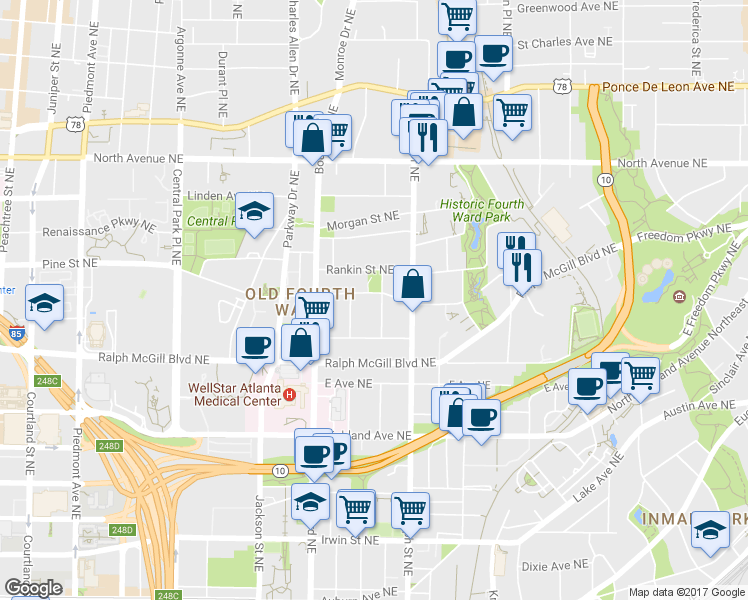 map of restaurants, bars, coffee shops, grocery stores, and more near 447 Arnold Street Northeast in Atlanta