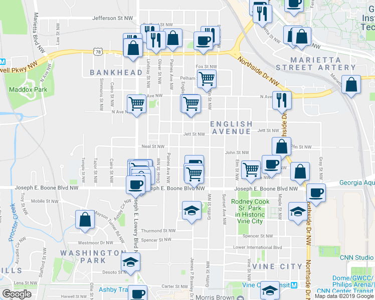 map of restaurants, bars, coffee shops, grocery stores, and more near 786 Neal Street Northwest in Atlanta