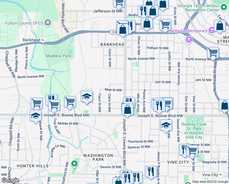 map of restaurants, bars, coffee shops, grocery stores, and more near 945 Neal Street Northwest in Atlanta