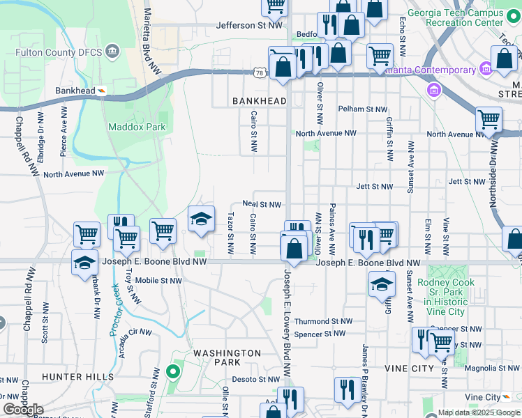 map of restaurants, bars, coffee shops, grocery stores, and more near 964 Neal Street Northwest in Atlanta
