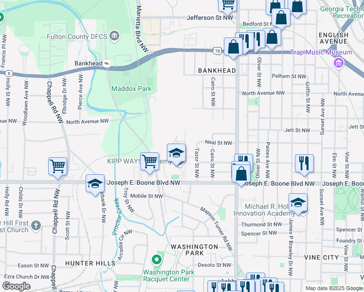 map of restaurants, bars, coffee shops, grocery stores, and more near 73 Neal Place Northwest in Atlanta
