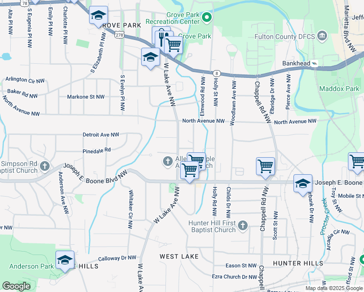 map of restaurants, bars, coffee shops, grocery stores, and more near 395 West Lake Avenue Northwest in Atlanta