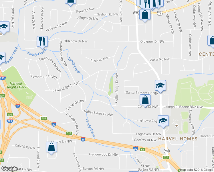 map of restaurants, bars, coffee shops, grocery stores, and more near 403 Forrest Ridge Drive Northwest in Atlanta