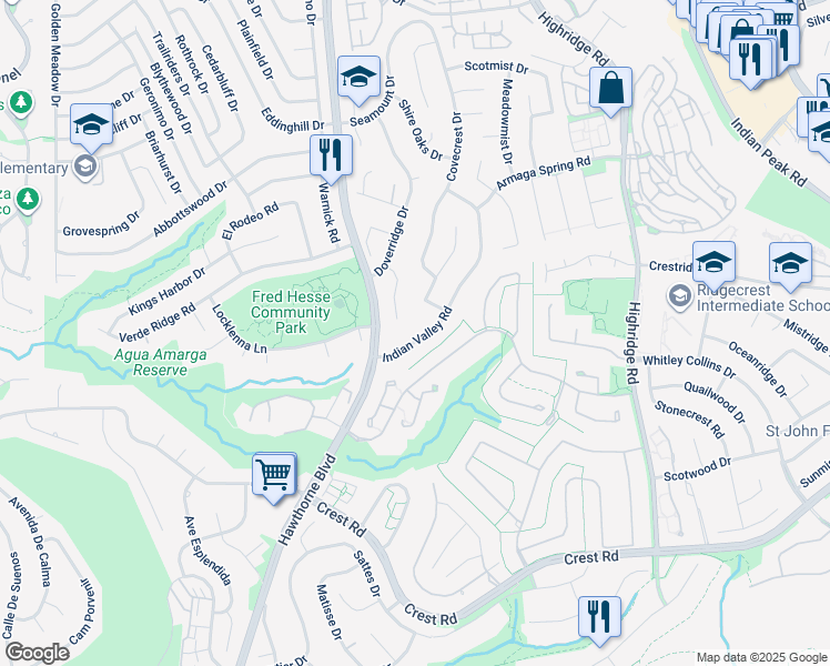 map of restaurants, bars, coffee shops, grocery stores, and more near 29403 Indian Valley Road in Rancho Palos Verdes