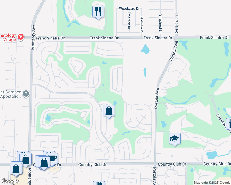 map of restaurants, bars, coffee shops, grocery stores, and more near 73671 Halfway Drive in Palm Desert
