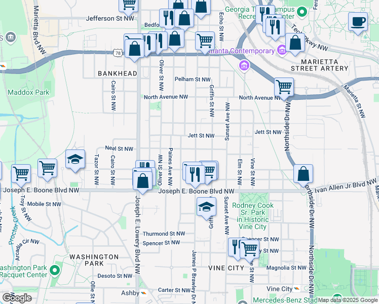 map of restaurants, bars, coffee shops, grocery stores, and more near 786 Neal Street Northwest in Atlanta