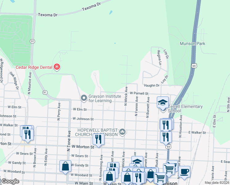 map of restaurants, bars, coffee shops, grocery stores, and more near 717 West Parnell Street in Denison
