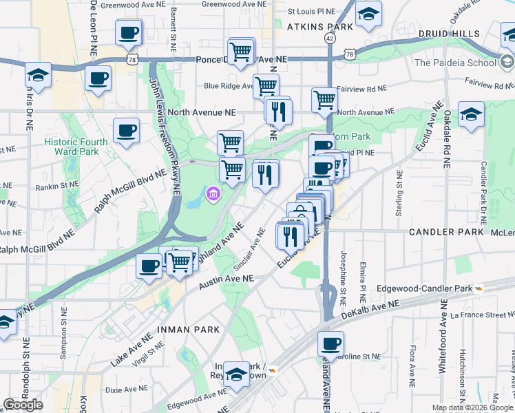 map of restaurants, bars, coffee shops, grocery stores, and more near 1018 Albion Avenue Northeast in Atlanta