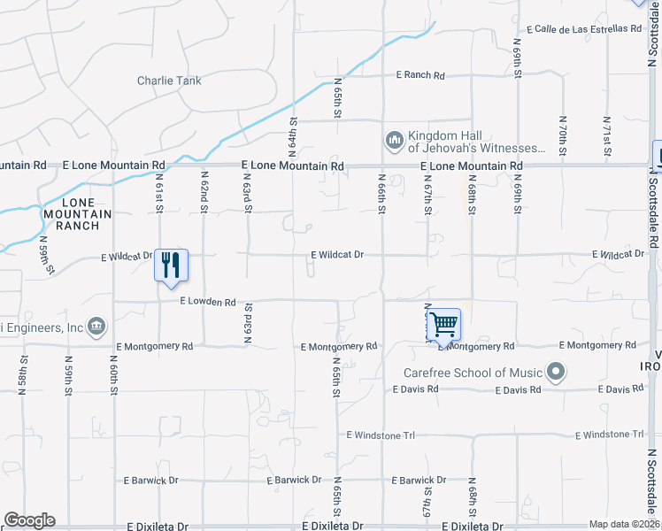 map of restaurants, bars, coffee shops, grocery stores, and more near 6445 East Wildcat Drive in Cave Creek