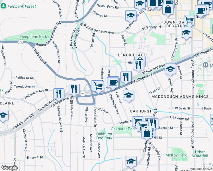 map of restaurants, bars, coffee shops, grocery stores, and more near 106b Drexel Avenue in Decatur