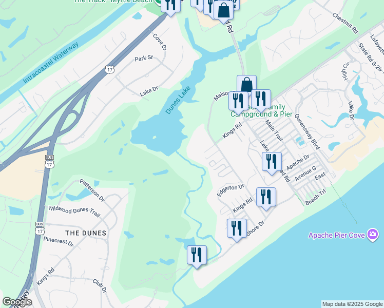 map of restaurants, bars, coffee shops, grocery stores, and more near 255 Maison Drive in Myrtle Beach