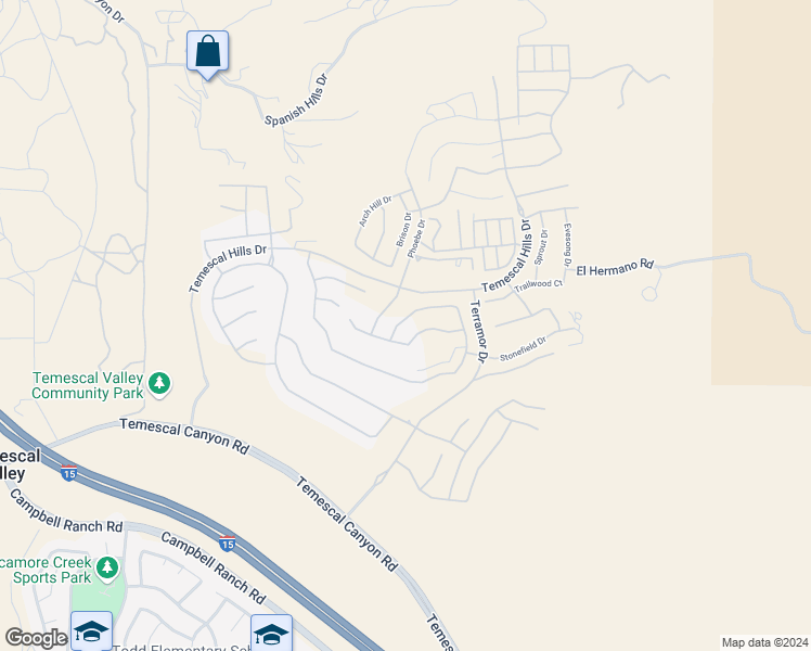 map of restaurants, bars, coffee shops, grocery stores, and more near 11657 Ambling Way in Temescal Valley