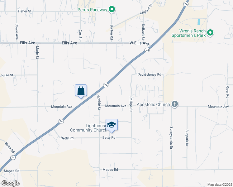 map of restaurants, bars, coffee shops, grocery stores, and more near 23139 Gertrude Avenue in Perris