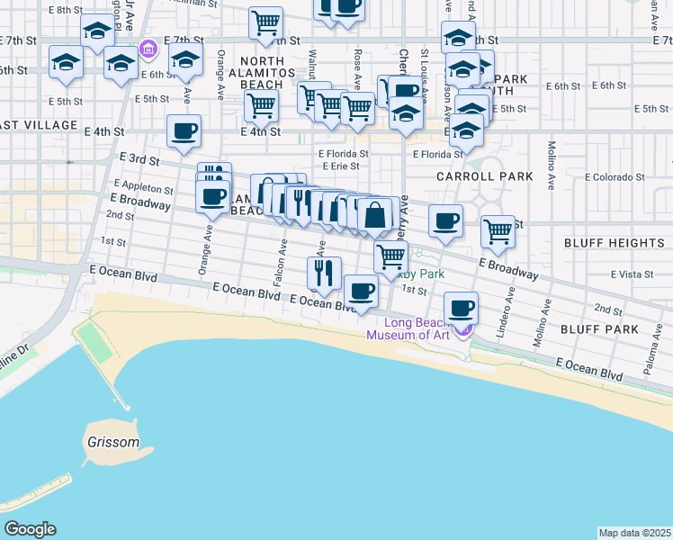 map of restaurants, bars, coffee shops, grocery stores, and more near 1739 East 1st Street in Long Beach