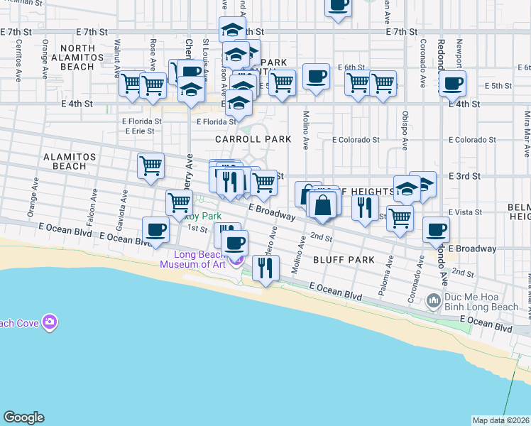map of restaurants, bars, coffee shops, grocery stores, and more near 2404 East Broadway in Long Beach