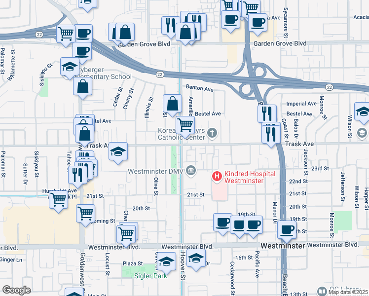 map of restaurants, bars, coffee shops, grocery stores, and more near 13505 Vinewood Street in Westminster