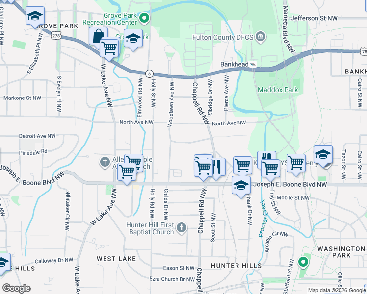 map of restaurants, bars, coffee shops, grocery stores, and more near 1442 Kennesaw Dr NW in Atlanta