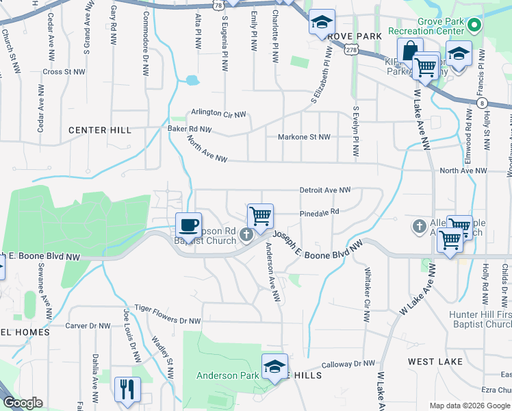 map of restaurants, bars, coffee shops, grocery stores, and more near 411 Illinois Avenue Northwest in Atlanta