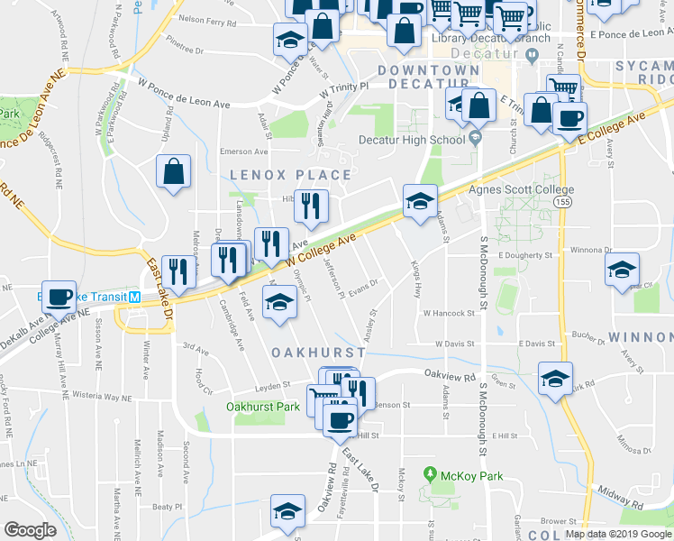 map of restaurants, bars, coffee shops, grocery stores, and more near 128 Jefferson Place in Decatur