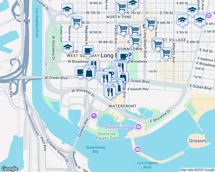 map of restaurants, bars, coffee shops, grocery stores, and more near 41 Cedar Walk in Long Beach