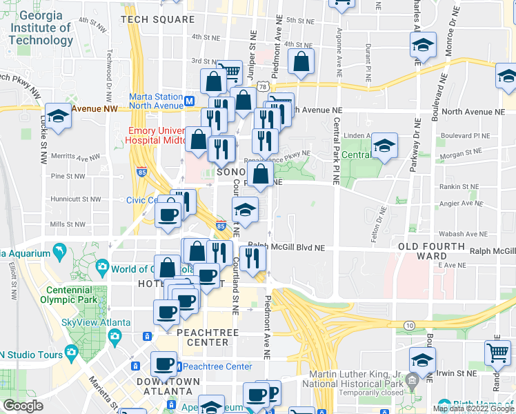 map of restaurants, bars, coffee shops, grocery stores, and more near 450 Piedmont Avenue Northeast in Atlanta