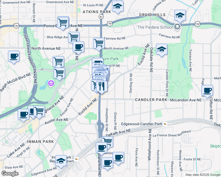 map of restaurants, bars, coffee shops, grocery stores, and more near 1229 Euclid Avenue Northeast in Atlanta