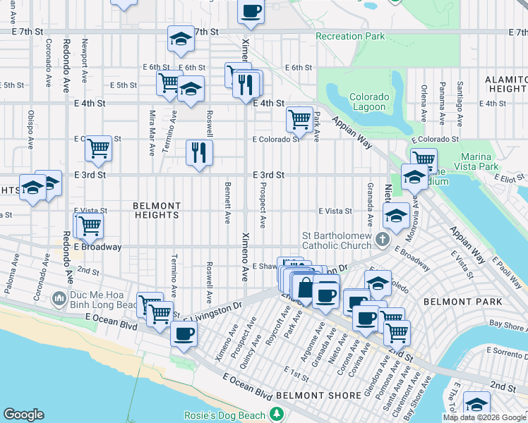 map of restaurants, bars, coffee shops, grocery stores, and more near E Vista St & Prospect Ave in Long Beach