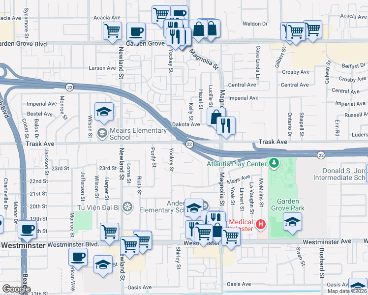 map of restaurants, bars, coffee shops, grocery stores, and more near 13530 Ethan Lane in Garden Grove